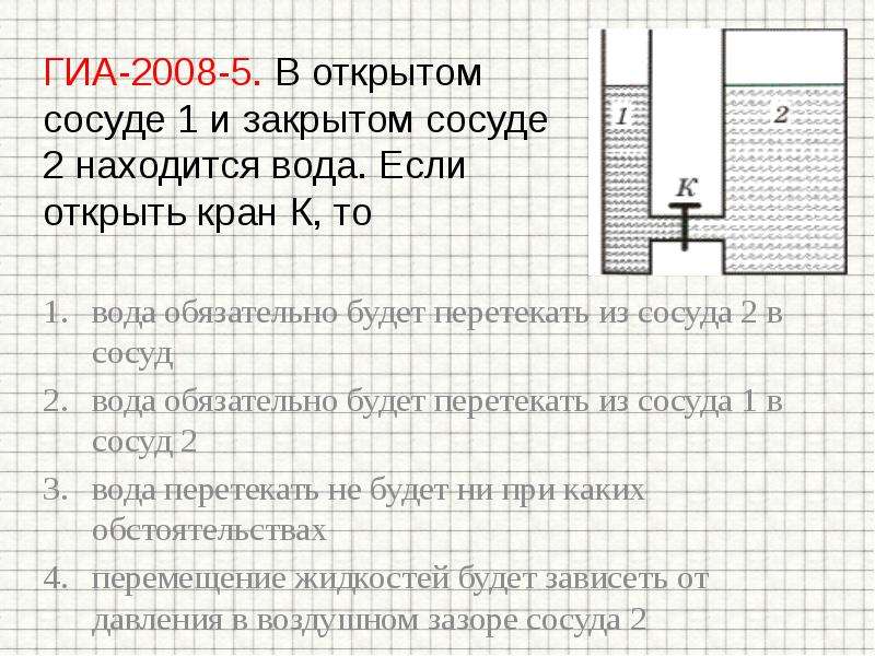 В сосуде находится вода. Давление в открытом и закрытом сосуде. Давление жидкости в закрытом сосуде. Вода из сосуда в сосуд. В открытом сосуде 1 и закрытом сосуде 2.