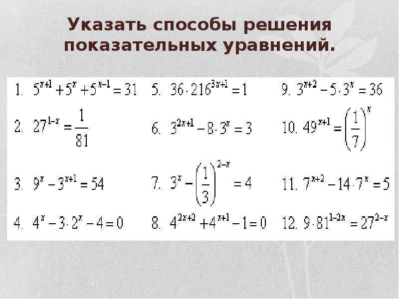 Решение показательных уравнений. Показательная функция решение уравнений. Способы решения показательных уравнений. Указать способы решения показательных уравнений. Укажите способы решения показательных уравнений.