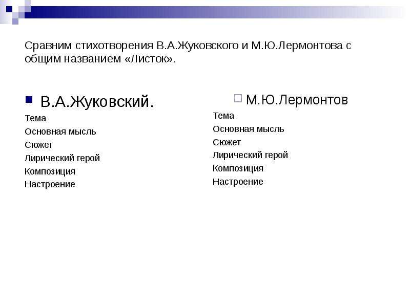 Сравнение жуковского. Сравнение стихов Жуковского и Лермонтова. Тема и основная мысль стихотворения листья. Основная мысль листок. Жуковский листок стихотворение.