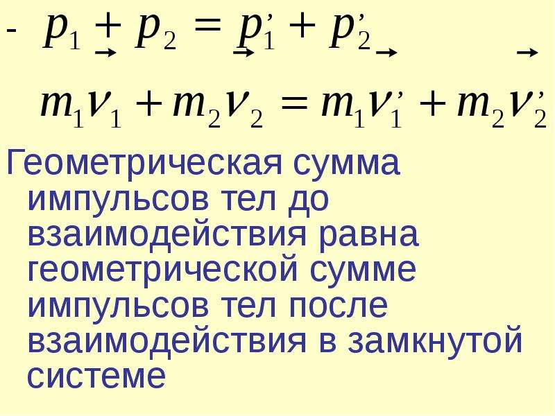 Сумма импульсов тел. Геометрическая сумма импульсов. Сумма импульсов до взаимодействия. Сумма импульсов тел после взаимодействия. Геометрическая сумма импульсов тел.