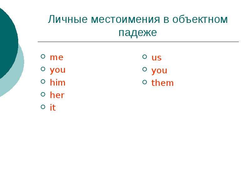 Местоимения в объектном падеже. Объектный падеж личных местоимений. Личные местоимения в объектном падеже. Him her them местоимения.