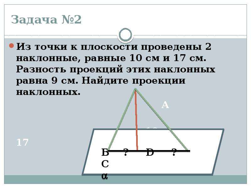 Из точки к плоскости проведены 2. Разность проекций. Наклонная и проекция задачи. Нахождение проекции наклонной. Из точки проведена плоскость.