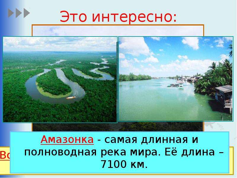 Это интересно: Амазонка - самая длинная и полноводная река мира. Её длина – 7100 км.