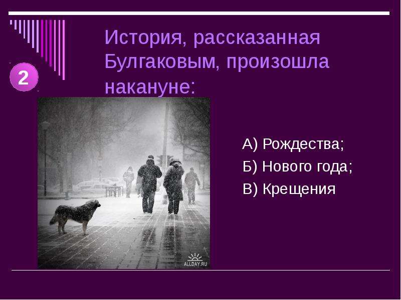 История, рассказанная Булгаковым, произошла накануне: А) Рождества; Б) Нового года; В) Крещения