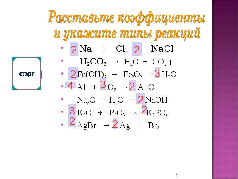 Расставьте коэффициенты в схемах химических реакций na o2 na2o