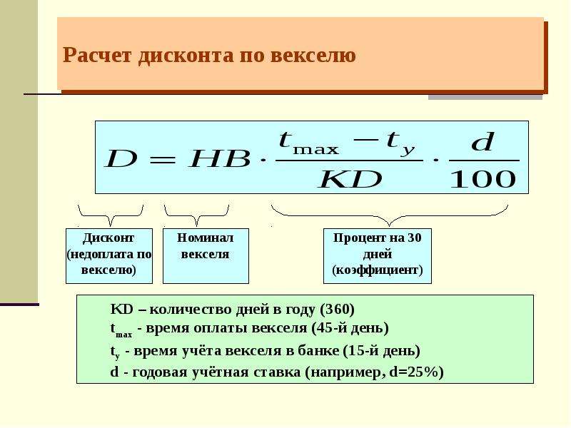 Расчет частей. Формула расчёта дисконта векселя. Формула расчета дисконта по векселю. Сумма дисконта формула расчета. Формула расчета суммы процентов по векселю.