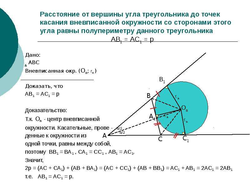 На сторонах угла на равном расстоянии. Точка касания вневписанной окружности. Вневписанная окружность. Центр вневписанной окружности. Вневписанная окружность равнобедренного треугольника.