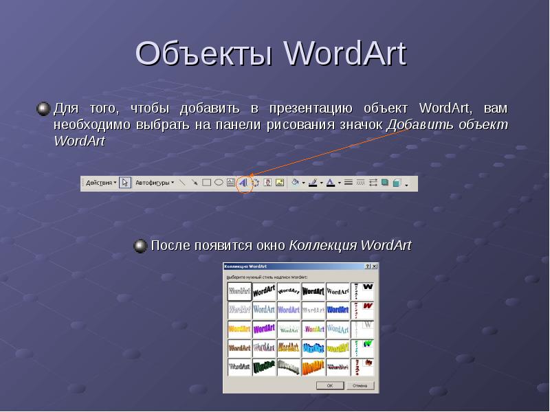 Объекты слайдов. Объект wordart. Добавить объект wordart. Панель wordart. Вставка объектов на слайд.