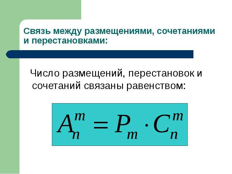 Вероятность случайного события элементы комбинаторики. Число сочетаний размещений и перестановок. Связь между перестановкой сочетанием и размещением. Связь размещений, перестановок и сочетаний. Связь между числом размещений и сочетаний.