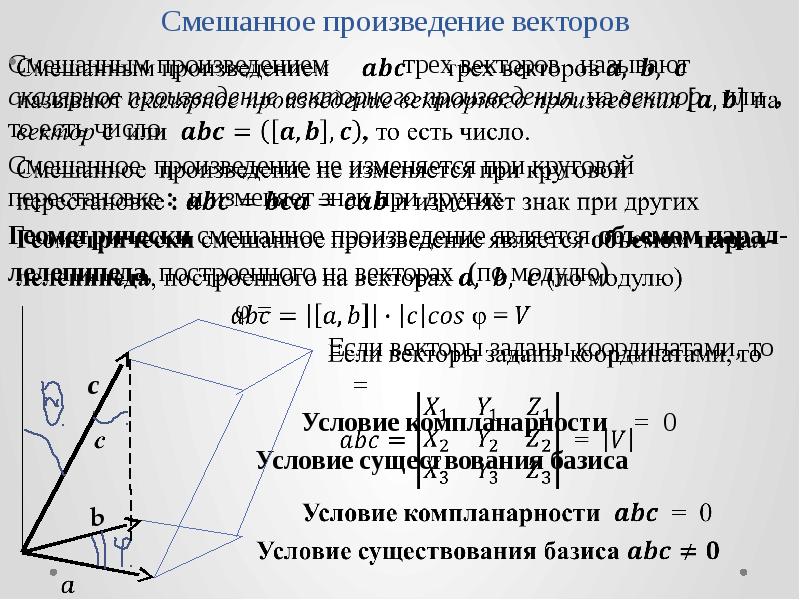 Смешанное произведение векторов. Объем параллелепипеда через смешанное произведение векторов. Геометрический смысл смешанного произведения. Скалярное векторное и смешанное произведение векторов. Геометрический смысл смешанного произведения трех векторов.