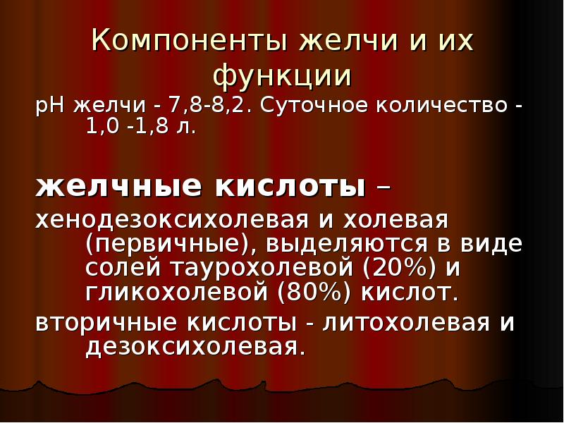 Рн желчи. Компоненты желчи. PH желчи. Панкреатический сок и желчь выделяются в.