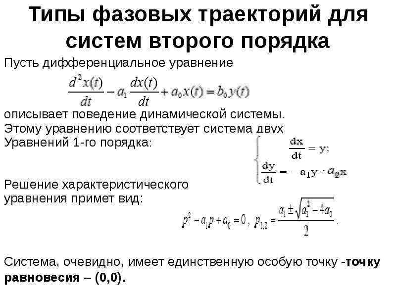 Типы фазовых траекторий для систем второго порядка Пусть дифференциальное уравнение описывает поведе