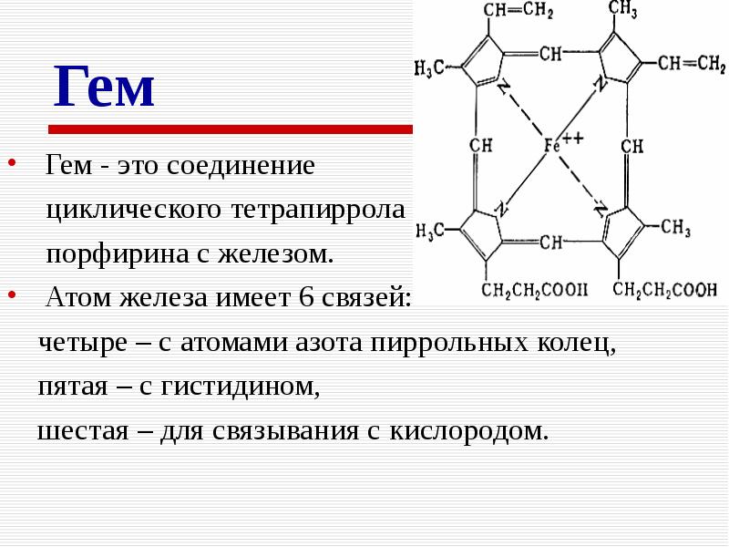 Соединение железа и азота. Порфин гем. Гем (порфириновые кольца). Понятие о строении тетрапиррольных соединений порфин гем. Гем представляет собой соединение железа с протопорфирином.