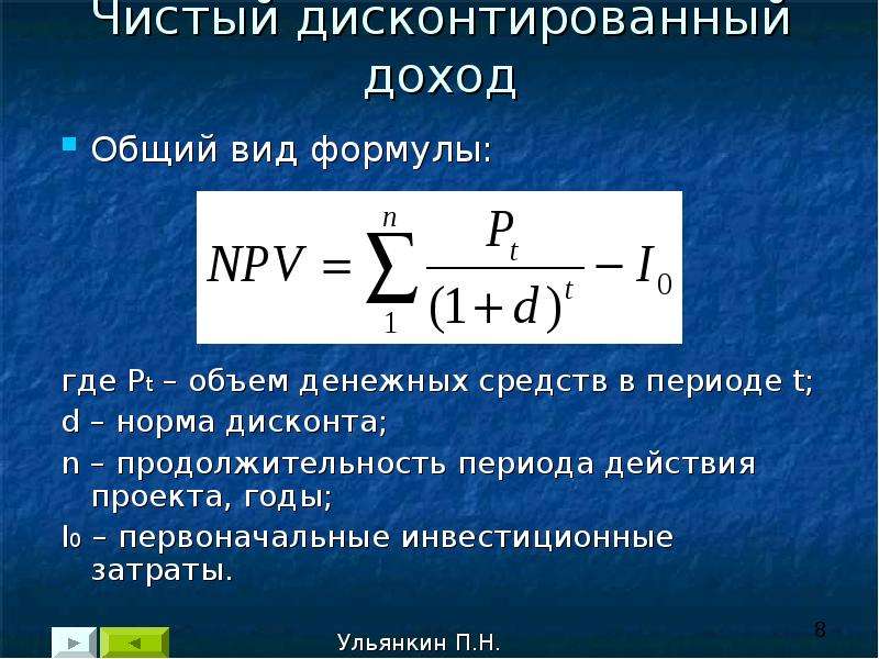 Чистый дисконтируемый доход. Чистый дисконтированный доход проекта npv:. Норма дисконтирования. Формула дисконтирования. 1. Чистый дисконтированный доход.