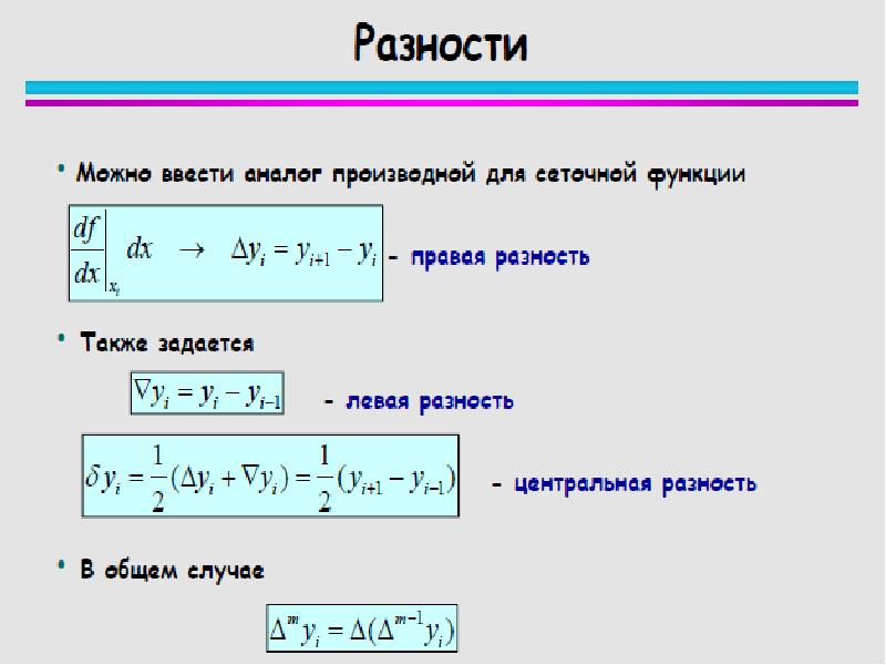 Левая и правая разности. Центральная разность. Метод центральных разностей. Формула центральных разностей. Левая разность.