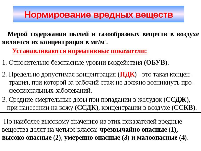 Чрезвычайно токсичные вещества. Нормирование вредных веществ. Чрезвычайно опасные вещества. Нормирование содержания вредных веществ в воздухе осуществляется:. Умеренно опасные вещества.