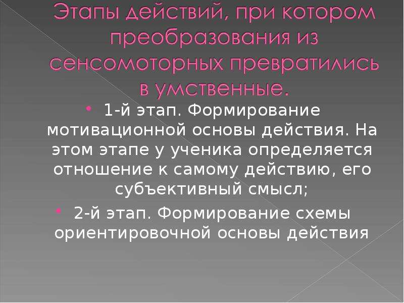 Субъективный смысл. Формирование мотивационной основы действия. Теория Гальперина слайд. Теория Гальперина презентация. Этап.