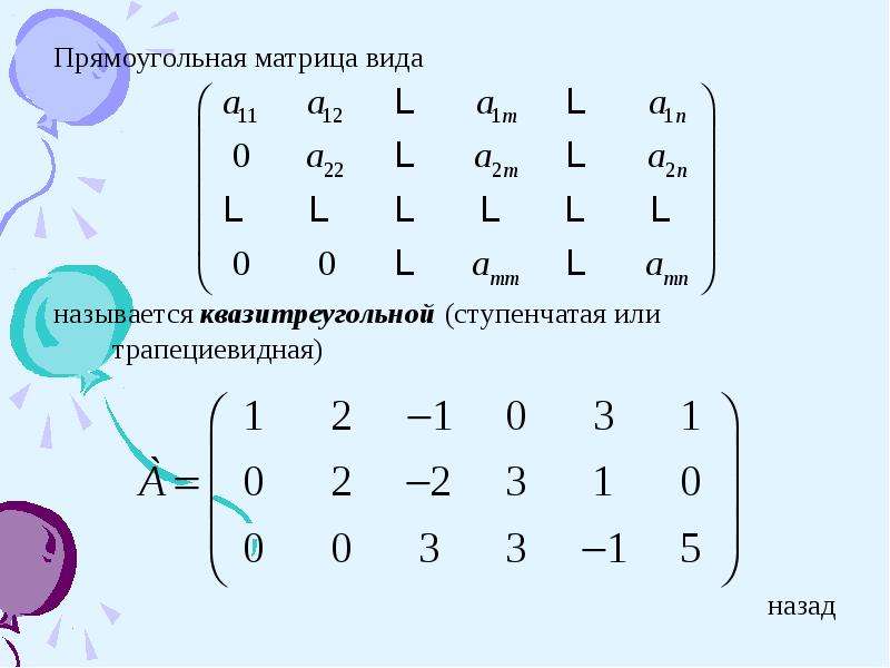 Ступенчатый вид матрицы. Симметрическая матрица. Трапецеидальный вид матрицы. Виды прямоугольных матриц. Прямоугольная и квадратная матрица.