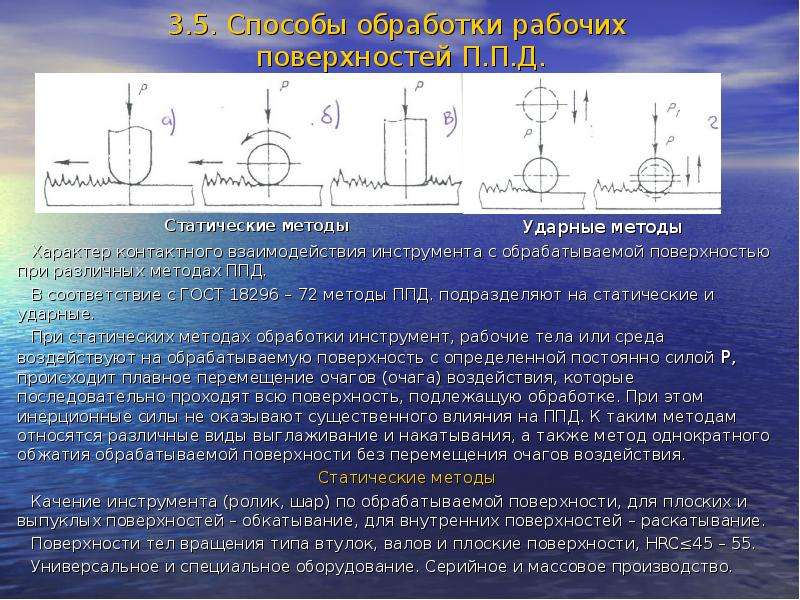 Статические методы обработки. Статические методы ППД. Сила контактного взаимодействия. Контактные взаимодействия металла. Обработка рабочей поверхности.