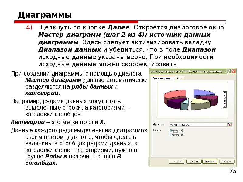 Назовите 4 шага мастера диаграмм