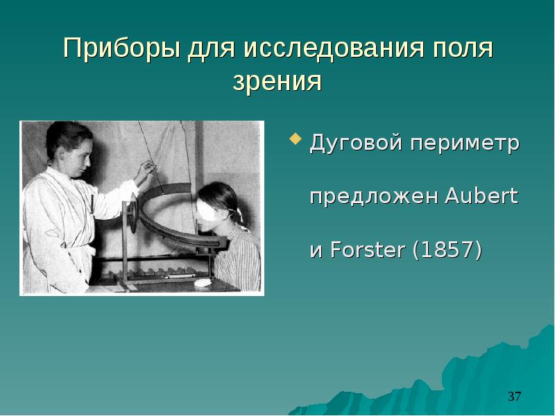 Приборы для исследования поля зрения Дуговой периметр предложен Aubert и Forster (1857)