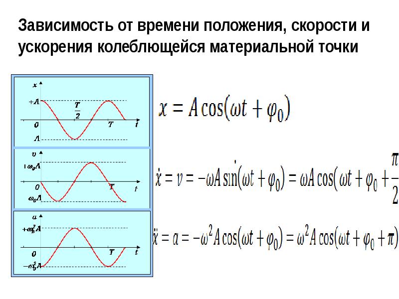 На рисунках изображены зависимости от времени скорости и ускорения материальной точки колеблющейся