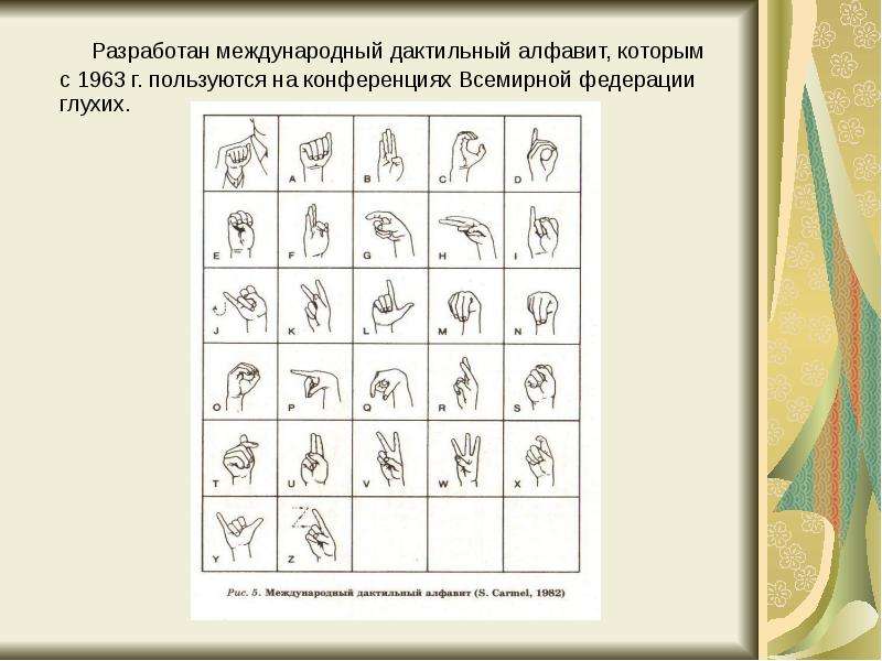 Дактильная азбука. Международная дактильная Азбука. Международный дактильный алфавит (s. Carmel, 1982). Дактильная Азбука и жестовая речь. Испанский дактильный алфавит де Вебра s. Carmel, 1982.