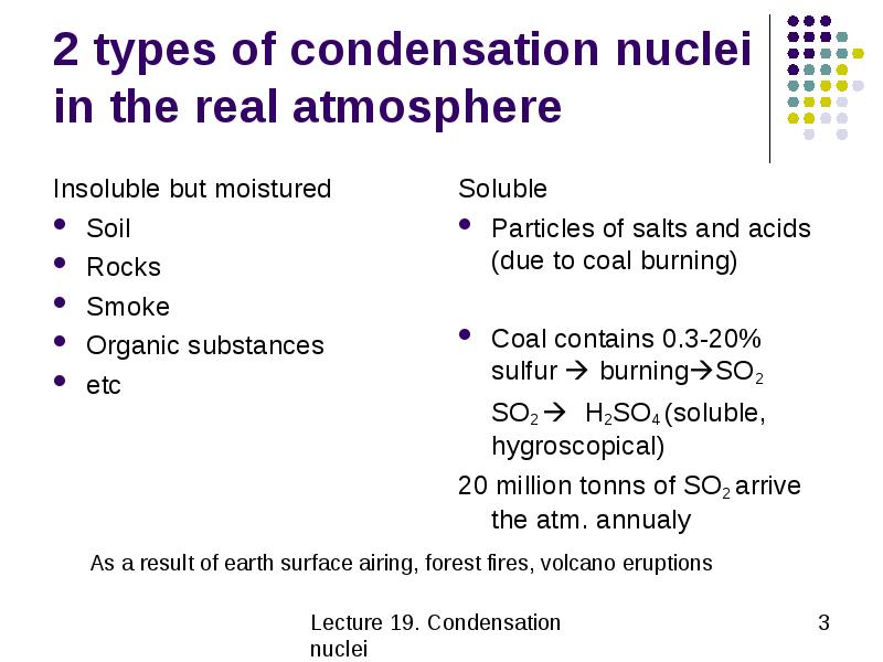 2 types of condensation nuclei in the real atmosphere Insoluble but moistured Soil Rocks Smoke Organ