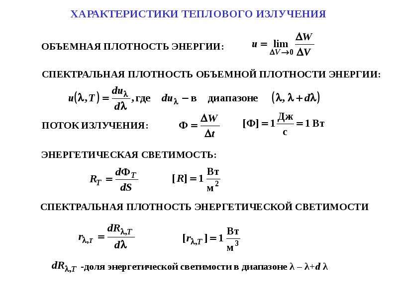 Плотность излучения. Спектральная плотность теплового излучения. Объемная плотность энергии теплового излучения. Спектральная плотность мощности излучения. Тепловое излучение характеристики теплового излучения.