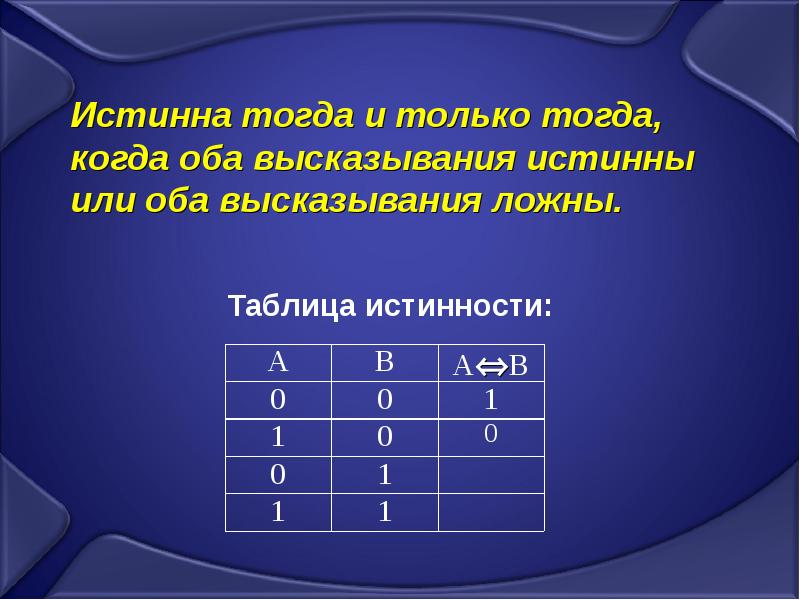 Найти истинные высказывания. Тогда и только тогда таблица истинности. Высказывание истинно тогда и только тогда. Истинно или ложно высказывание. Тогда и только тогда ,когда оба высказывания истинны.