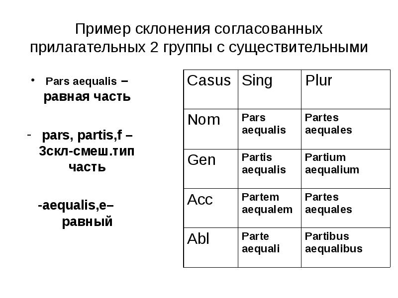 Согласование прилагательных с существительными. Склонение прилагательных второй группы латинский. Pars склонение латынь. Латынь согласование прилагательных с существительными. Прилагательные латынь склонения.