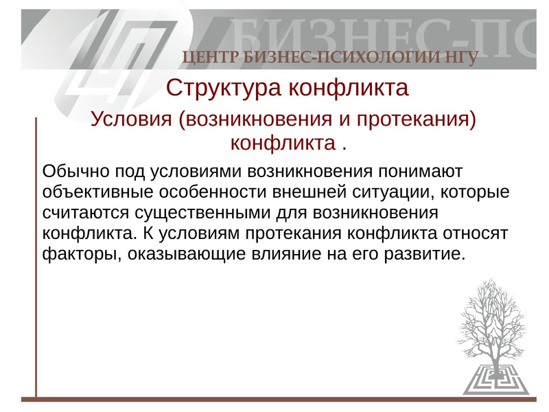 Условия конфликта. Условия протекания конфликта. Структура протекания конфликта. Структура предпосылки возникновения конфликта. Структура делового конфликта.