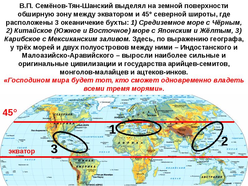 Вдоль экватора. Японская геополитическая школа. Геополитическое положение Японии. Зона экватора. Зону между экватором и 45° Северной широты.