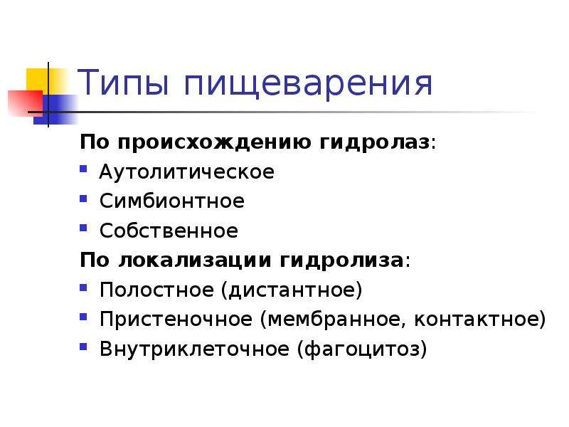 Типы пищеварения. Типы пищеварения по локализации гидролиза. Классификация видов пищеварения. Типы пищеварения у человека.