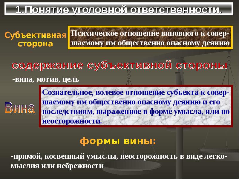 Понятие уголовной ответственности. 1. Понятие уголовной ответственности.. Субъективная сторона уголовной ответственности. Субъективные предпосылки уголовной ответственности за содеянное. Сознательное волевое отношения.