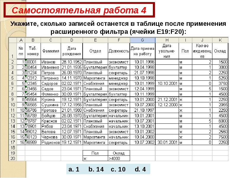 Презентация по работе в excel