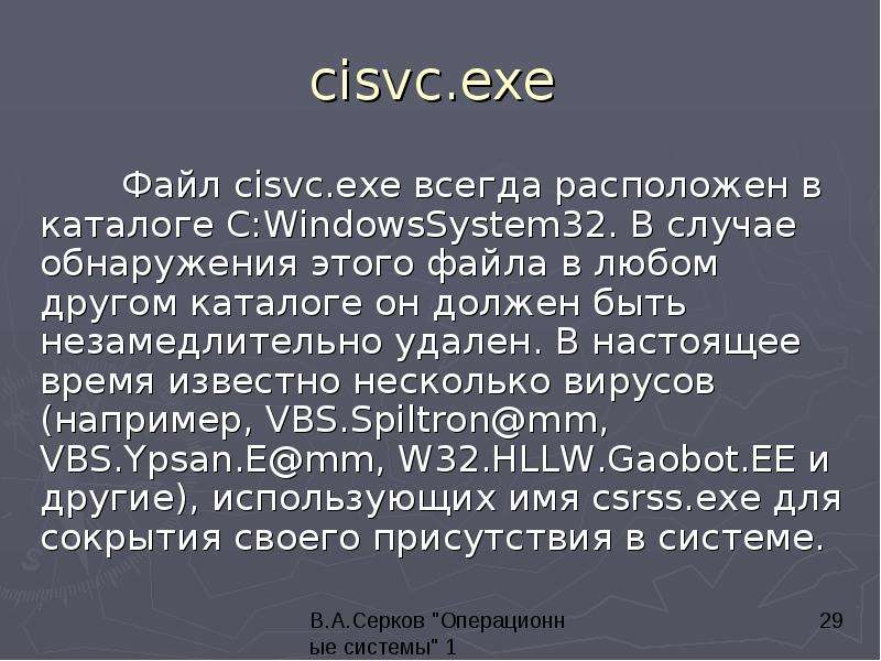 


cisvc.exe 
	Файл cisvc.exe всегда расположен в каталоге C:WindowsSystem32. В случае обнаружения этого файла в любом другом каталоге он должен быть незамедлительно удален. В настоящее время известно несколько вирусов (например, VBS.Spiltron@mm, VBS.Ypsan.E@mm, W32.HLLW.Gaobot.EE и другие), использующих имя csrss.exe для сокрытия своего присутствия в системе. 
