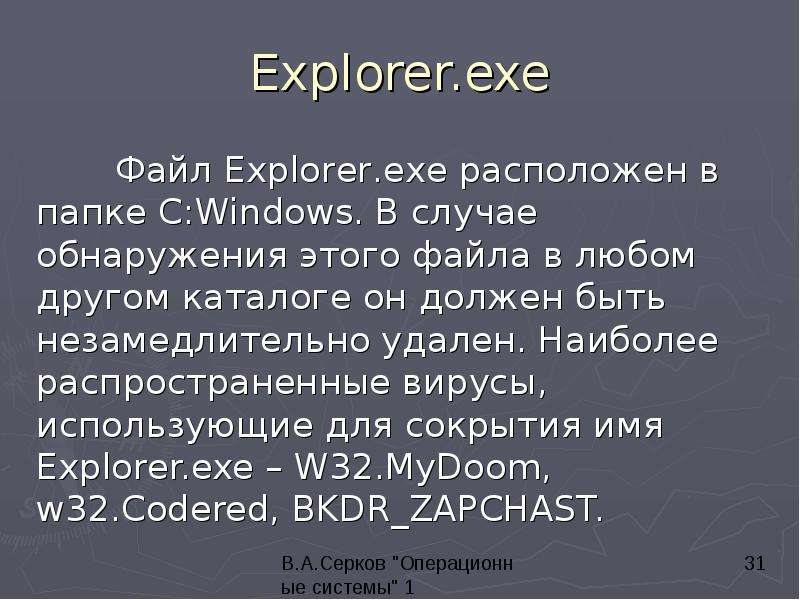 


Explorer.exe
	Файл Explorer.exe расположен в папке C:Windows. В случае обнаружения этого файла в любом другом каталоге он должен быть незамедлительно удален. Наиболее распространенные вирусы, использующие для сокрытия имя Explorer.exe – W32.MyDoom, w32.Codered, BKDR_ZAPCHAST.
