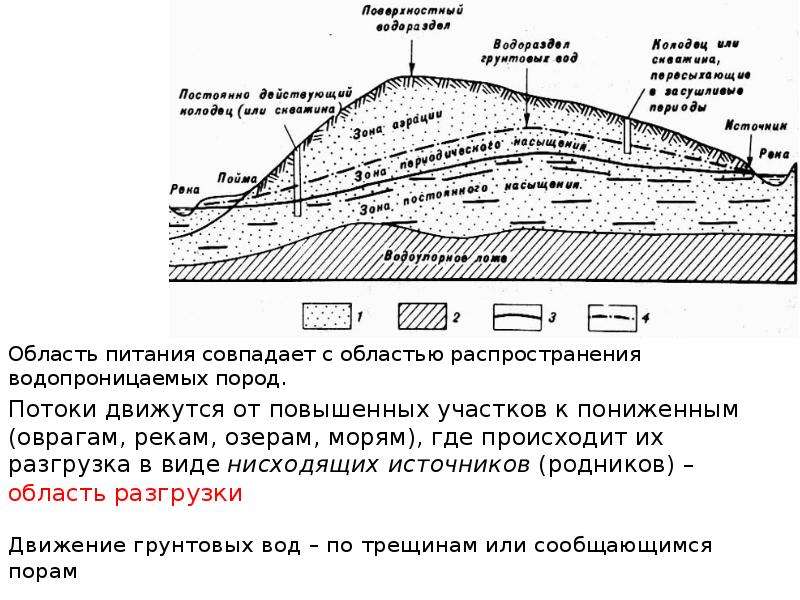 Схема движения подземных вод в зоне насыщения