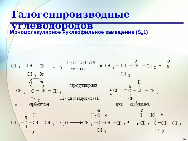 Галогеналкан. Механизм реакции мономолекулярного нуклеофильного замещения. Удлинение цепи галогеналканов. Изомеризация галогеналканов. Механизм бимолекулярного нуклеофильного замещения.