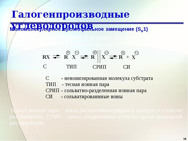 Галогеналкан. Электронное строение галогеналканов. Тесная ионная пара. Ионная Ассоциация. Сольватно разделенные ионные пары.