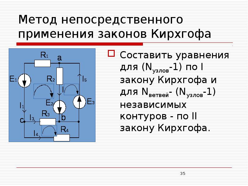 Непосредственное использование. Метод непосредственного применения законов Кирхгофа. Метод по 1 закону Кирхгофа. Метод уравнений Кирхгофа. Алгоритмы составления уравнений по Кирхгофу.