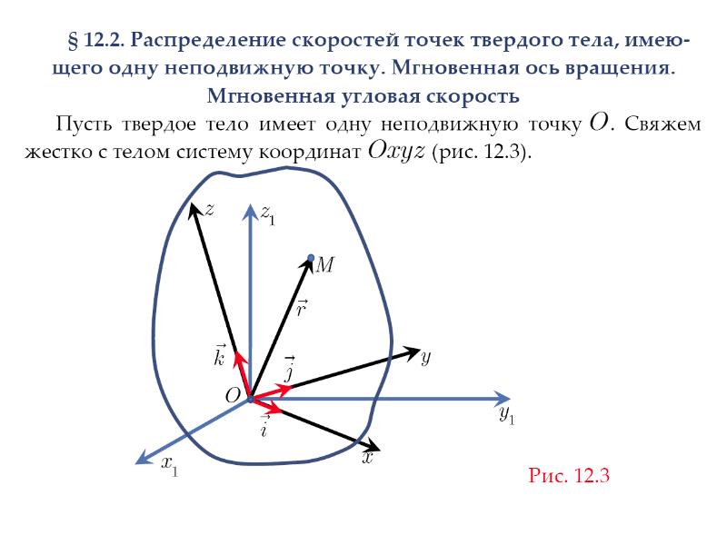 Точечный неподвижный. Мгновенная ось вращения. Мгновенная ось вращения твердого тела. Скорости точек тела, имеющего одну неподвижную точку. Движение твердого тела имеющего одну неподвижную точку.