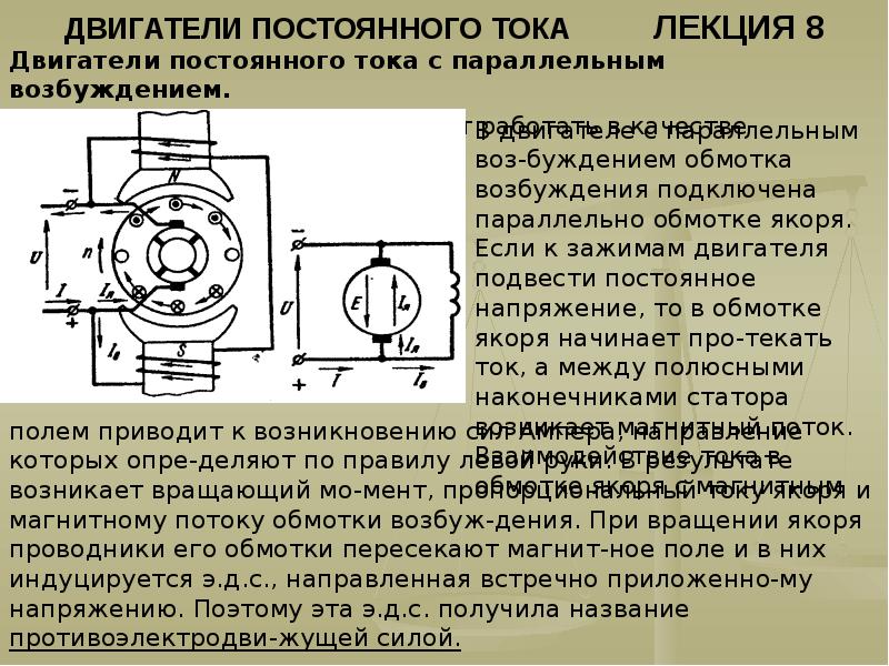 Схема работы двигателя постоянного тока с параллельным возбуждением