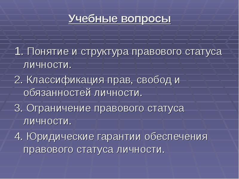 Пределы правовых ограничений. Понятие и структура правового статуса личности. Юридический механизм ограничения правового статуса личности. Основы правового статуса личности. Понятие основ правового статуса личности.