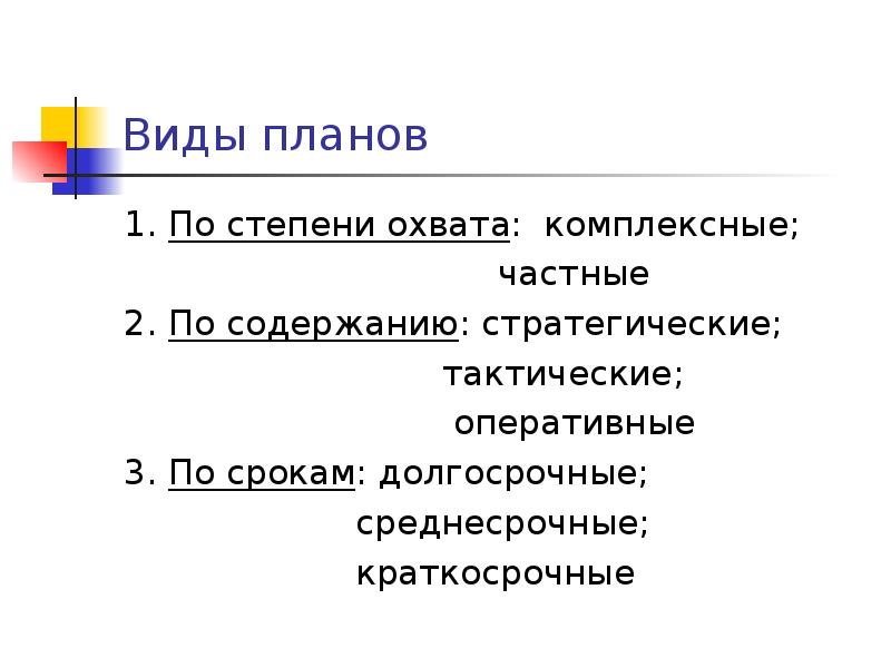 Виды планов долгосрочные стратегические среднесрочные краткосрочные тактические оперативные