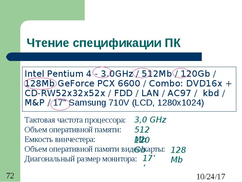 Чтение спецификации ПК Intel Pentium 4 - 3. 0GHz / 512Mb / 120Gb / 128Mb GeForce PCX 6600 / Combo: D