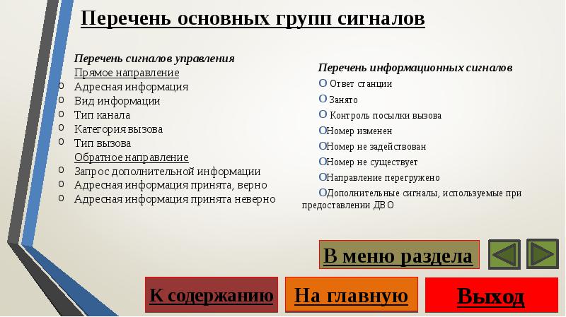 Основной перечень. Перечень сигналов. Контроль посылки вызова. Перечень установленных сигналов. Контроль посылки вызова,ответ станции.