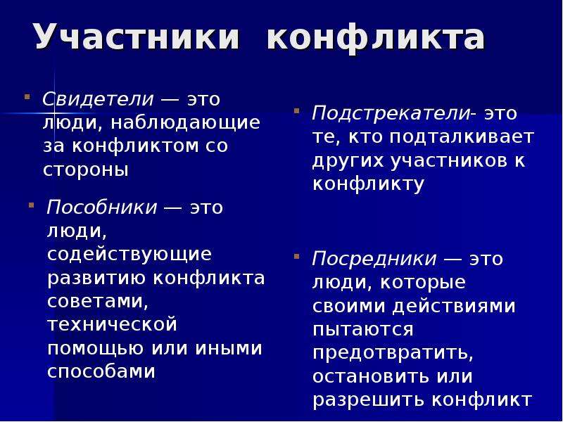 Прямые и косвенные конфликты. Участники конфликта. Прямые и косвенные участники конфликта. Основные участники конфликта. Неосновные участники конфликта.