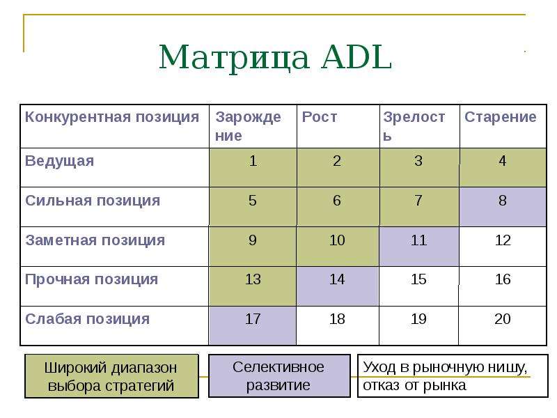 Маркетинговые матрица. Матрица модели ADL/LC. Матрица Артура д. Литтла (ADL-LC (Life Cycle)). Матрица АДЛ на примере предприятия.